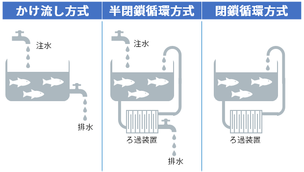 陸上養殖の方式（かけ流し方式、半閉鎖循環方式、閉鎖循環方式）