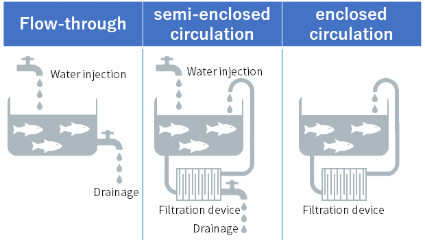 Image of three types: flow-through, semi-enclosed circulation, and enclosed circulation. 
