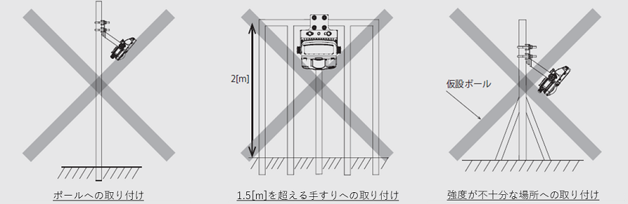 取付禁止事項のイラスト。ポールへの取り付け、1.5mを超える手すりへの取り付け、強度が不十分な場所への取り付け