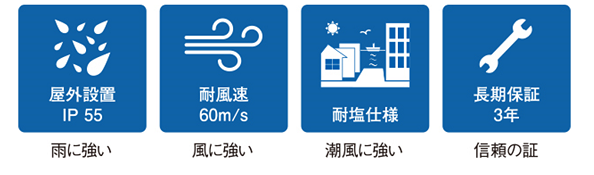 雨に強い、耐風速60m/s、潮風に強い、保証3年