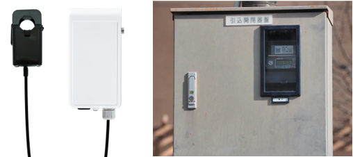 電流クランプユニットとIoT無線ユニットの製品画像。それらが設置された分電盤の写真