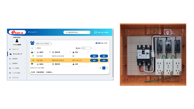 テンパール工業のブレーカ遠隔監視システムの操作画面イメージ。建設現場の仮設盤イメージ。