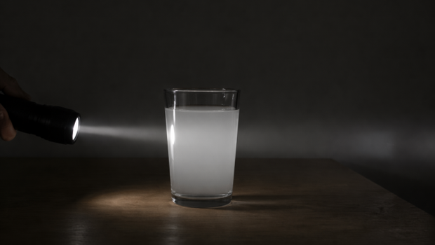 懐中電灯の光が水の入ったコップを通過して弱くなる様子を示したランベルト・ベールの法則のイメージ