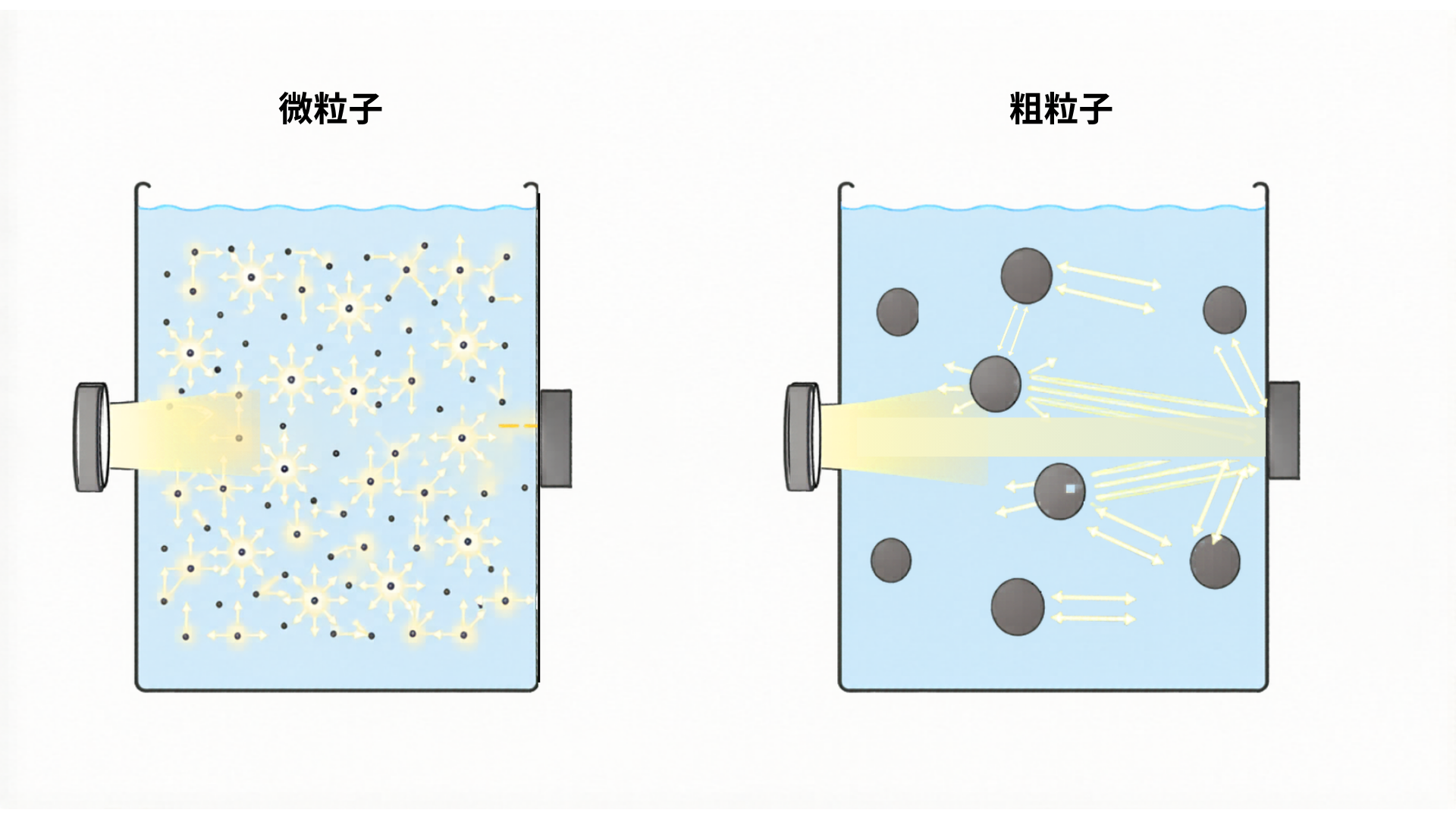 同じ濃度の試料でも粒子の大きさが異なると、光の散乱状態が変化し測定値に差が出る様子