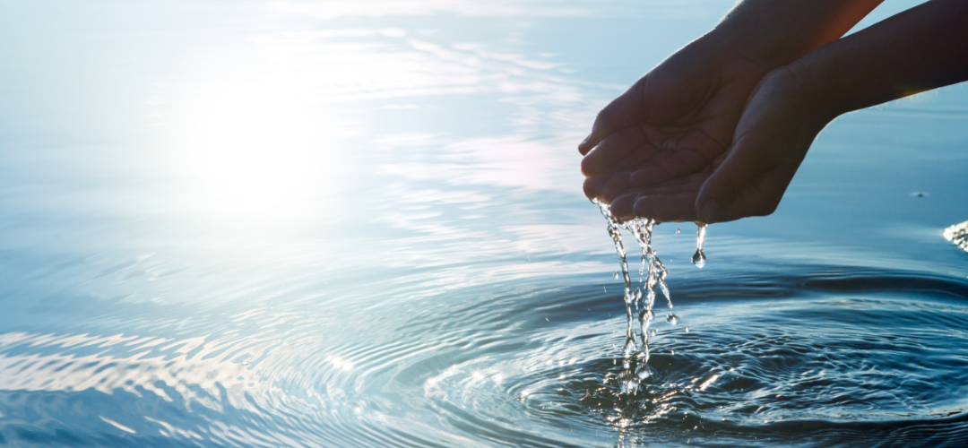 水面に手を差し伸べ、水とのつながりを表現したイメージ