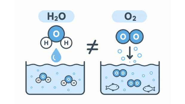 水分子H₂Oを構成する酸素原子と、水中に溶け込んだ酸素分子O₂の違いを示す図