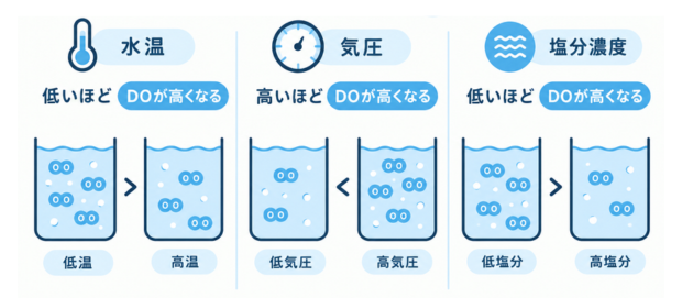 水温が低いほど、気圧が高いほど、塩分濃度が低いほどDOが高くなる傾向を示す比較図
